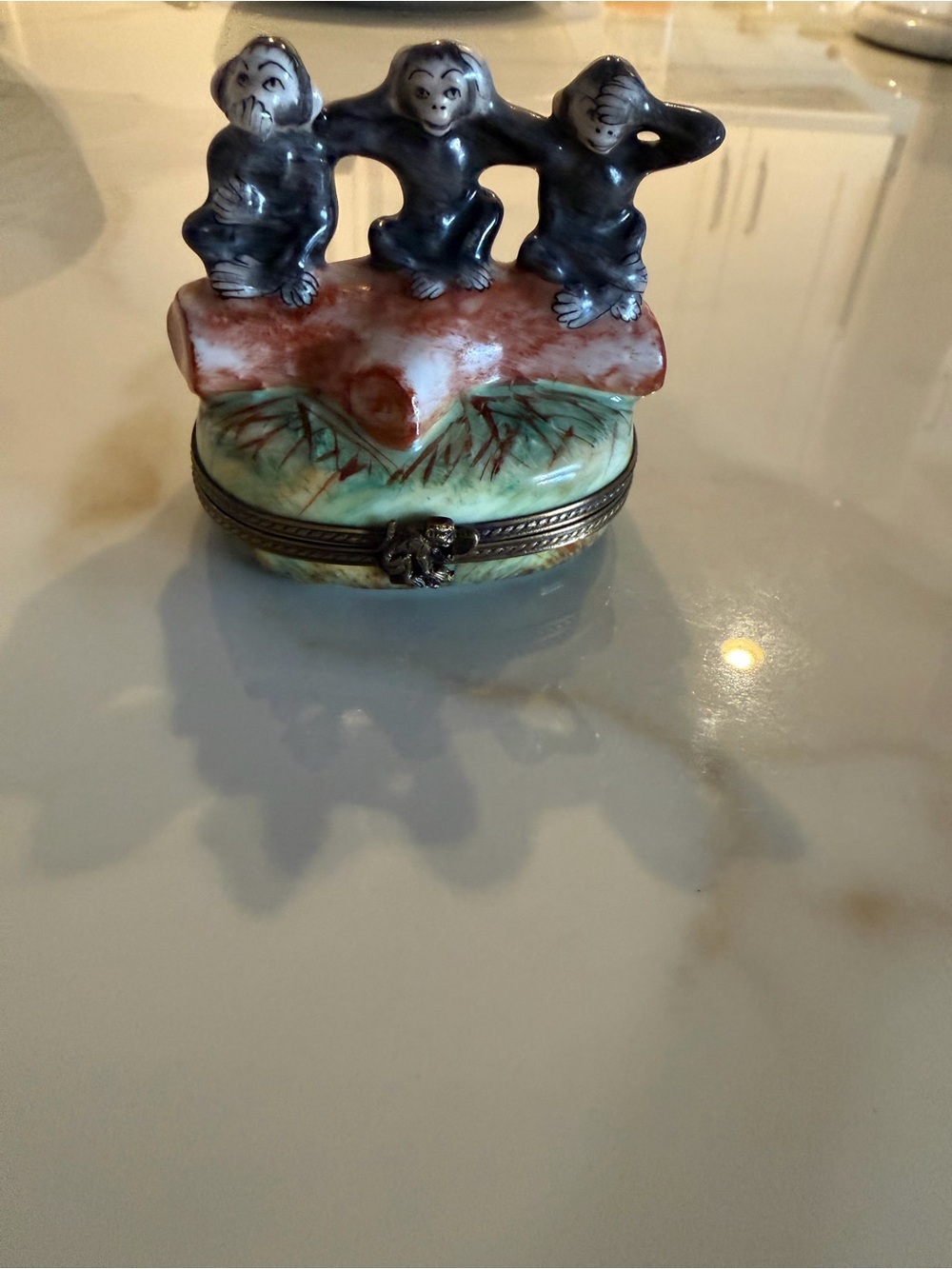 ROCHARD Limoges Porcelain Three Wise Monkeys Trinket Box